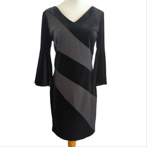 Tahari black velvet striped dress w/ bell sleeves, satin green lining, Sz 6